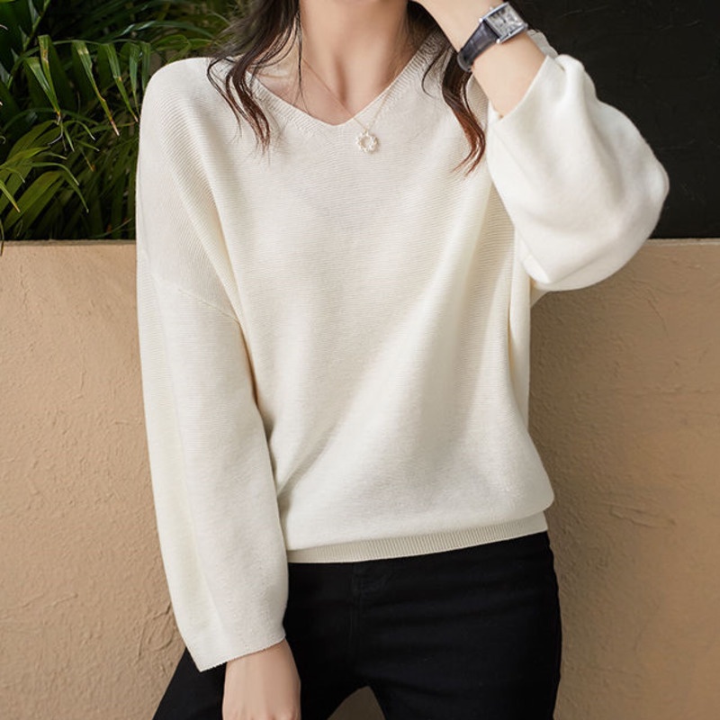 Áo len nữ RENJIANVSHENG tay dài cổ chữ V thời trang