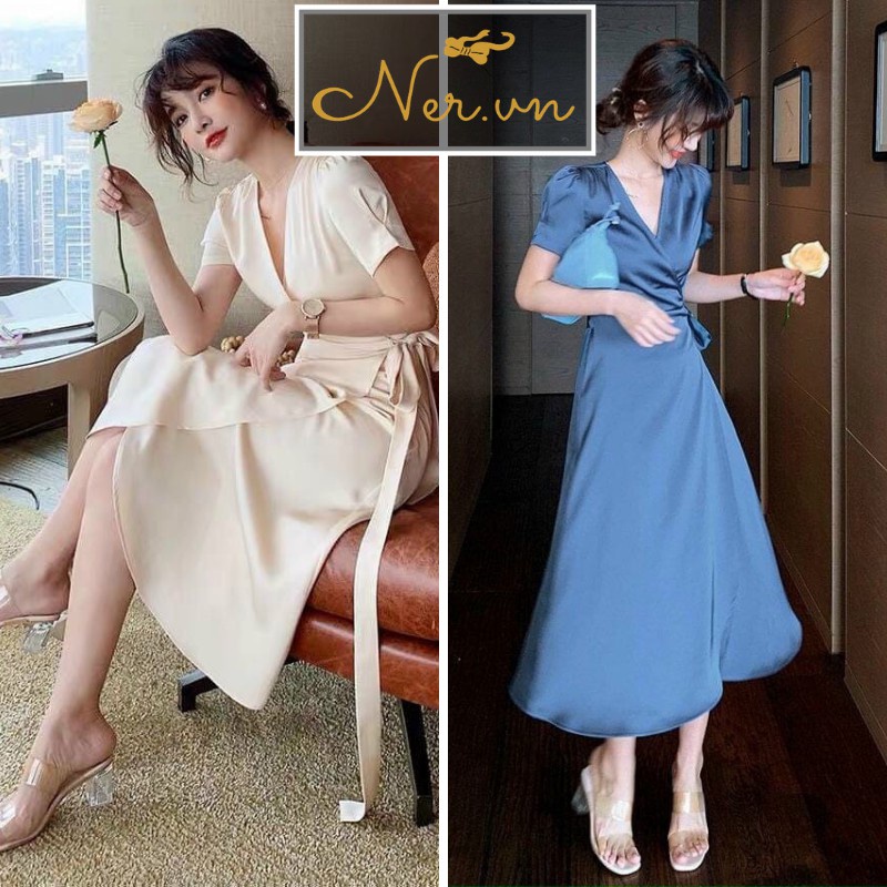 Đầm Xòe Dự Tiệc, Cổ Chéo chữ V, chất Lụa cao cấp, Dáng dài, hàng đẹp cao cấp 2021 tại xưởng may NER- N111 - Hàng mới về