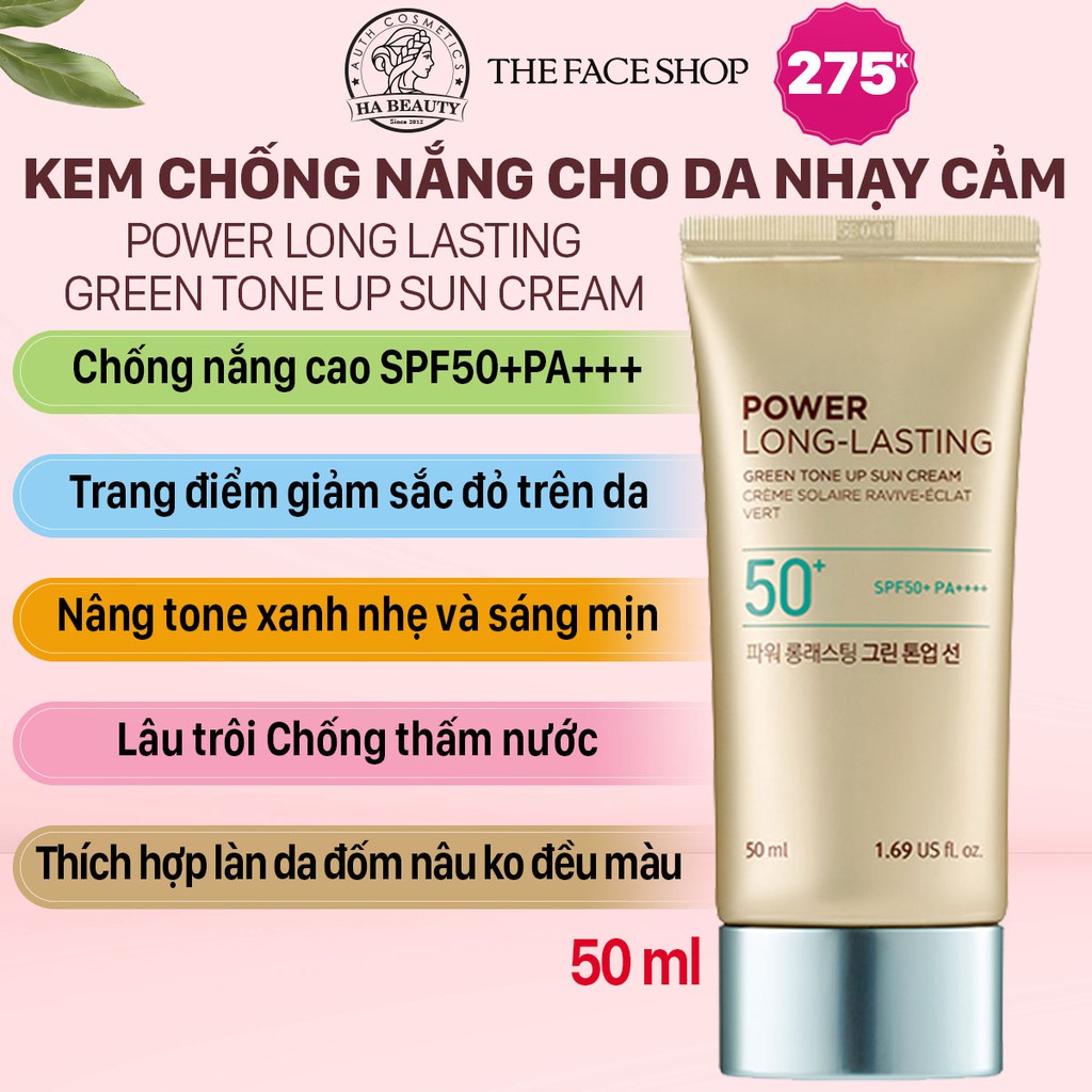 Kem chống nắng nâng tone cho da nhạy cảm The Face Shop Power Long Lasting Green Tone Up Sun Cream SPF50+PA+++ 50ml