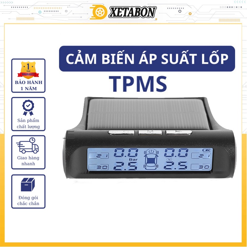 Cảm biến áp suất lốp ô tô XETABON- TPMS van gắn ngoài pin sạc năng lượng mặt trời, màn hình đen trắng BH 12T