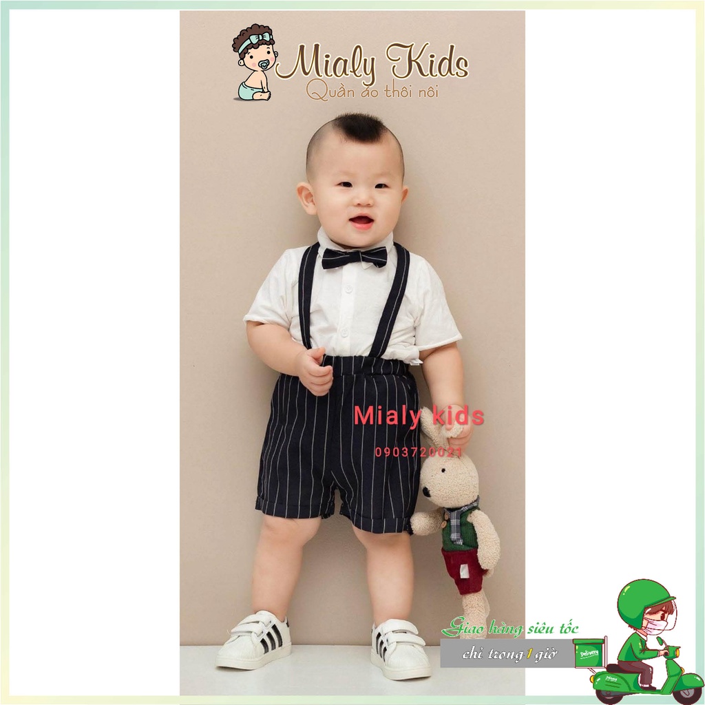 Set yếm đen và áo sơ mi trắng cotton Mialy Kids bảnh bao cho bé trai (16-18 kg) - Vải mềm mịn, thoáng mát