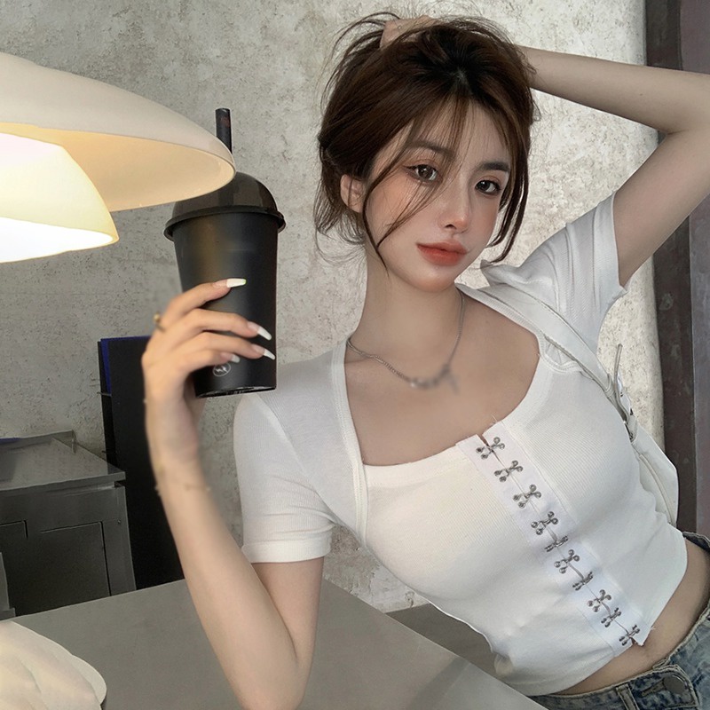 Áo Thun Màu Trơn Dáng Ôm Cài Một Hàng Nút Thời Trang Hàn Quốc Cho Nữ