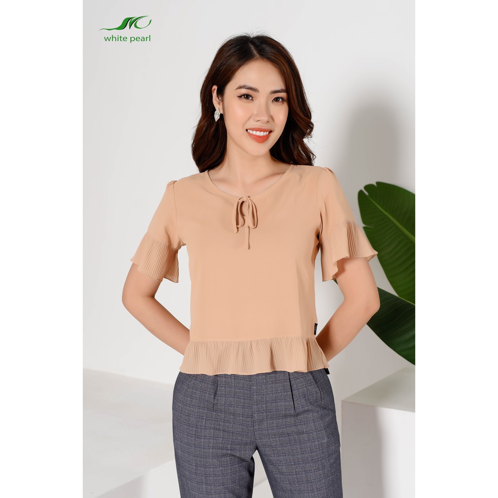 Sơ mi bo gấu nữ thời trang công sở cao cấp tay ngắn cổ tròn chất vải mềm mịn da, vàng, đen WHITE PEARL