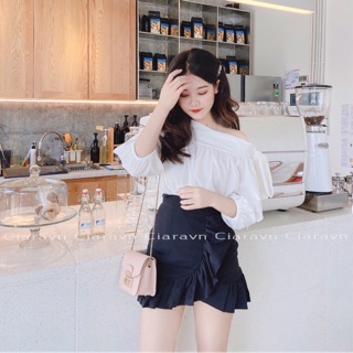 Áo trễ vai buộc nơ + chân váy bèo
