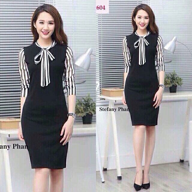 Đầm body phối sọc nơ cổ _ kèm ảnh sp thật