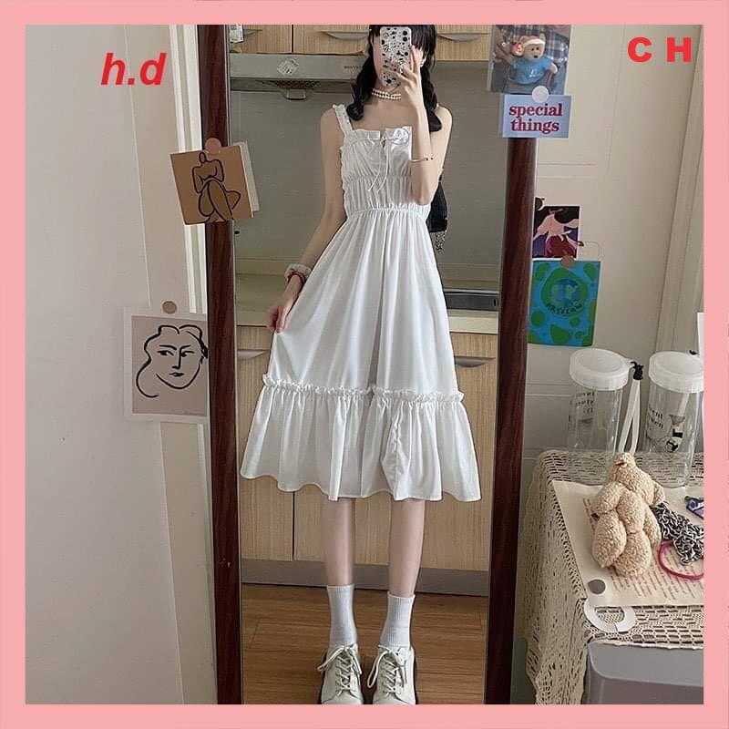 Đầm Trắng Công Chúa Hai Dây Sang Trọng Dự Tiệc Dáng Xòe👗Váy Maxi Chun Ngực Vintage Tiểu Thư🌸Free Ship🌸Dạo phố,chơi