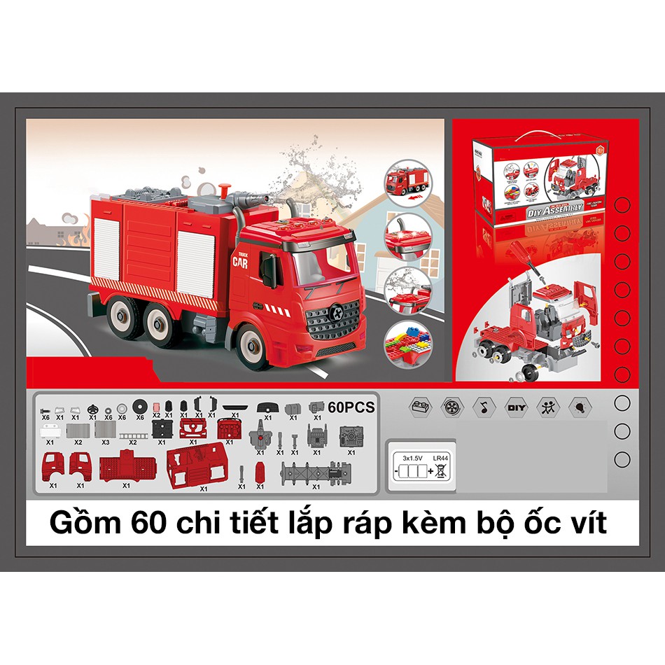 Bộ đồ chơi lắp ráp xe cứu hỏa phun nước có nhạc và đèn, đẹp bền bỉ, phát huy tính thực hành của bé - KAVY