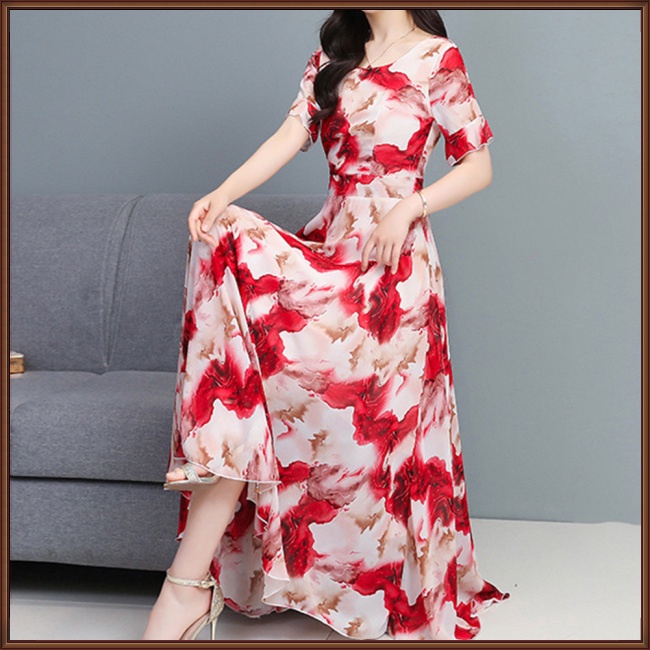 Đầm Midi Chữ A Tay Ngắn Cổ Tròn In Họa Tiết Hoa Thời Trang Mùa Hè Cho Nữ