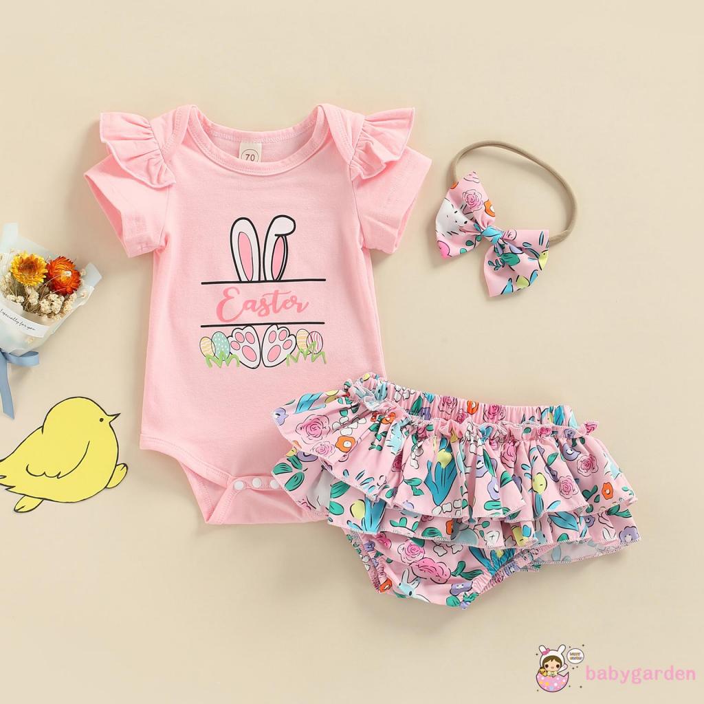 Bộ áo liền quần ngắn tay kèm quần short nhiều lớp và băng đô in hình thỏ đáng yêu dành cho bé gái