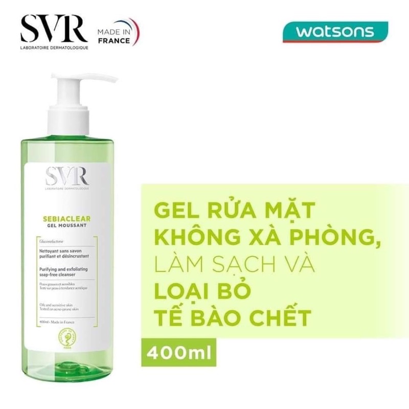 Hàng sẵn Sữa rửa mặt SVR dành cho da dầu mụn không chứa xà phòng Sebiaclear Gel Moussant (400ml)