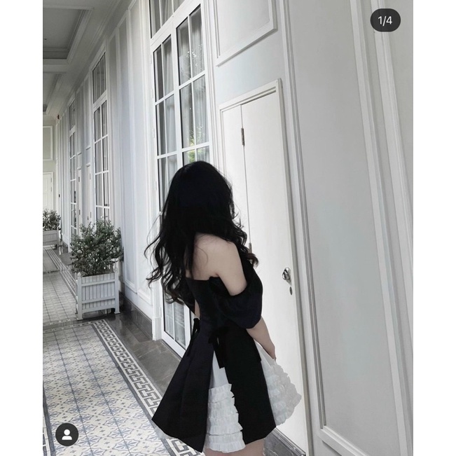 Đầm nữ đầm 2 dây cổ vuông thân bèo đen trắng đi tiệc siêu hot kèm ảnh thật trải sàn