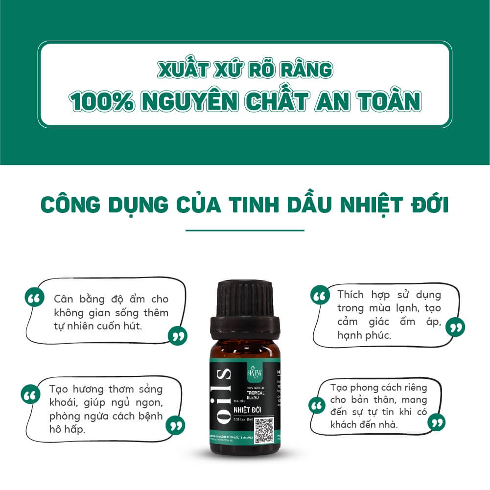 Tinh dầu xông Nhiệt Đới Haeva Cao Cấp, 100% Thiên Nhiên, giúp khử mùi, cân bằng độ ẩm, ngủ ngon, chai 10ml/30ml/100ml