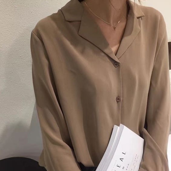 SUXI Áo Sơ Mi Tay Dài Cổ Chữ V Màu Sắc Đơn Giản Phong Cách Hàn Quốc Dành Cho Nữ