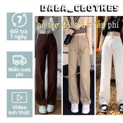 Quần jeans quần kaki ống suông nâu sữa cạp cao siêu hack chân siêu tôn dáng