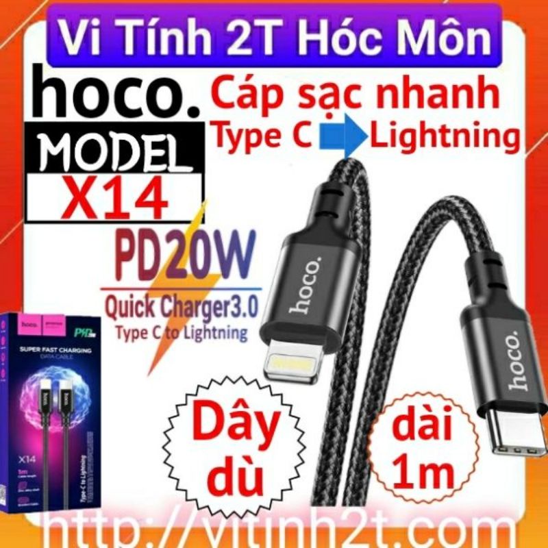 Cáp sạc nhanh Hoco X14 dòng PD 20W, Type-C ra Lightning cho iPhone, iPad dây truyền tải dữ liệu dài 1m, 2m