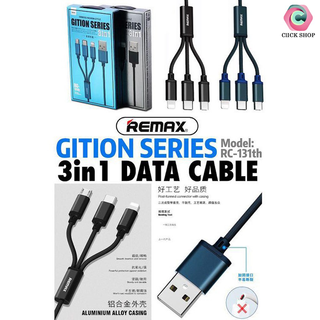 Cáp Sạc Đa Năng Remax 3 Đầu RC-131TH Lightning - Micro USB - Type C chất liệu dây dù