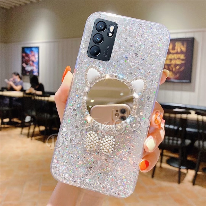 Ốp Điện Thoại Lấp Lánh Gắn Kèm Gương Trang Điểm Hình Tai Mèo Cho OPPO Reno6 Z 5G Reno 5 5F 6 Pro A16 A54 A74 A93 A15S A15 A53 Reno6Z