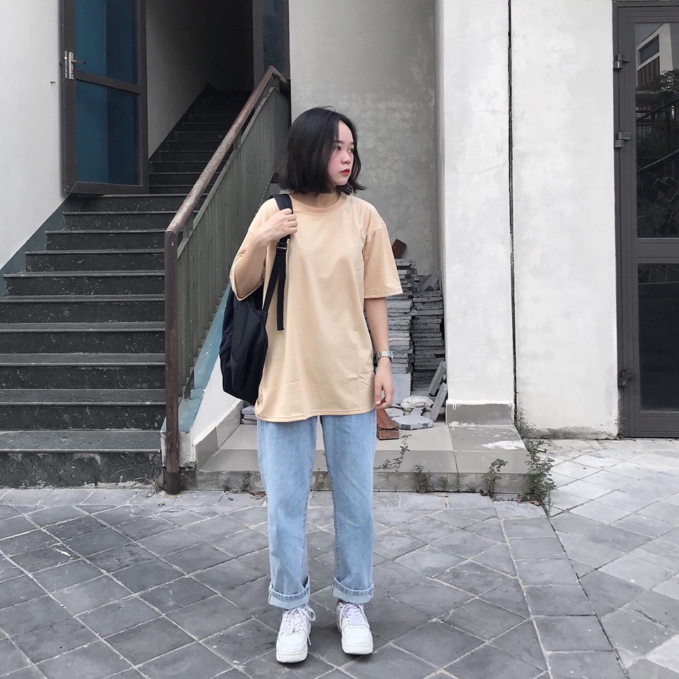 Áo phông kem trơn form rộng tay lỡ - áo over màu be - vani tee