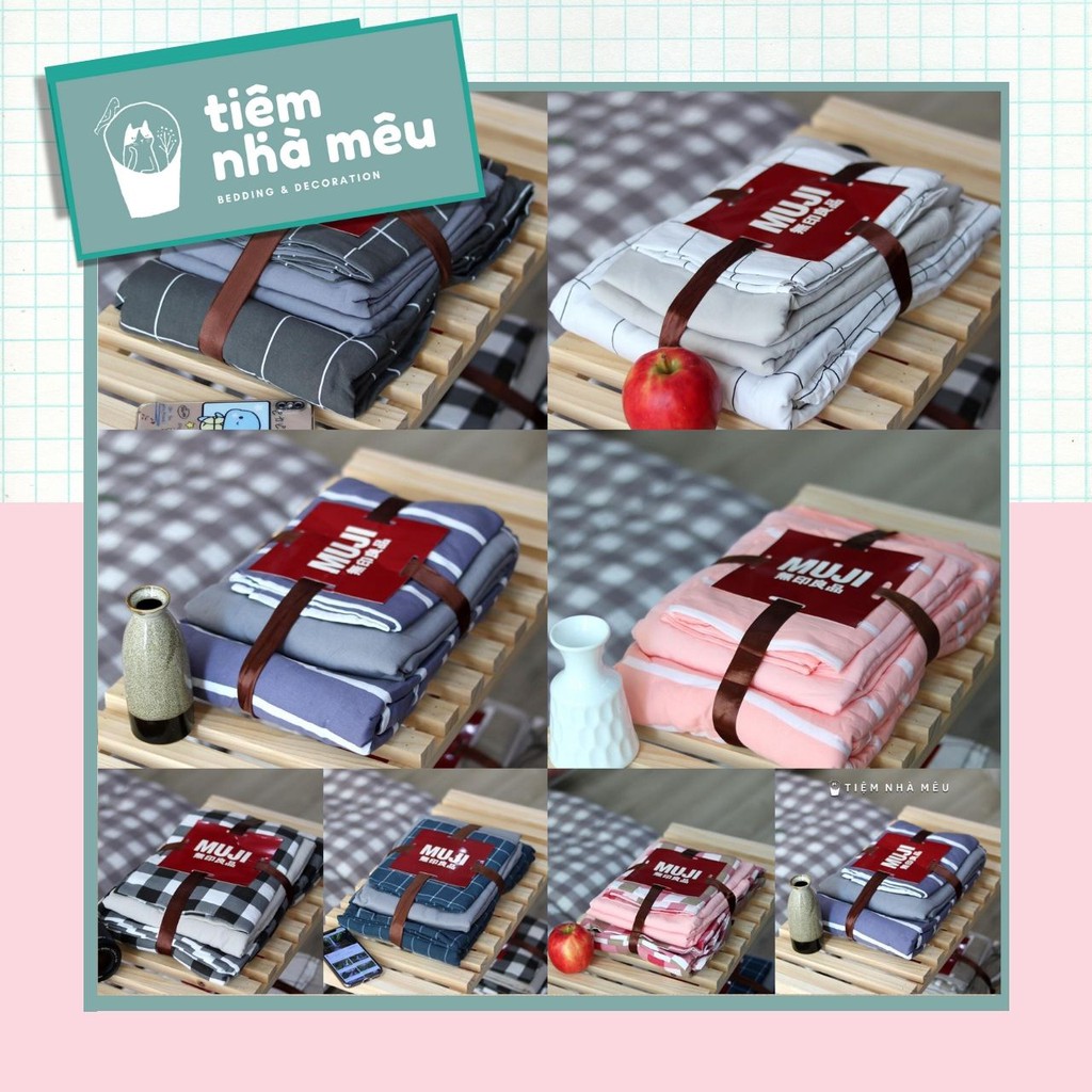 ( HÀNG ĐẸP-ẢNH THẬT) Set 4 Món Chăn Ga Gối Cotton Đũi - Linen Muji Basic Phong Cách Hàn Quốc ( vol 2 )