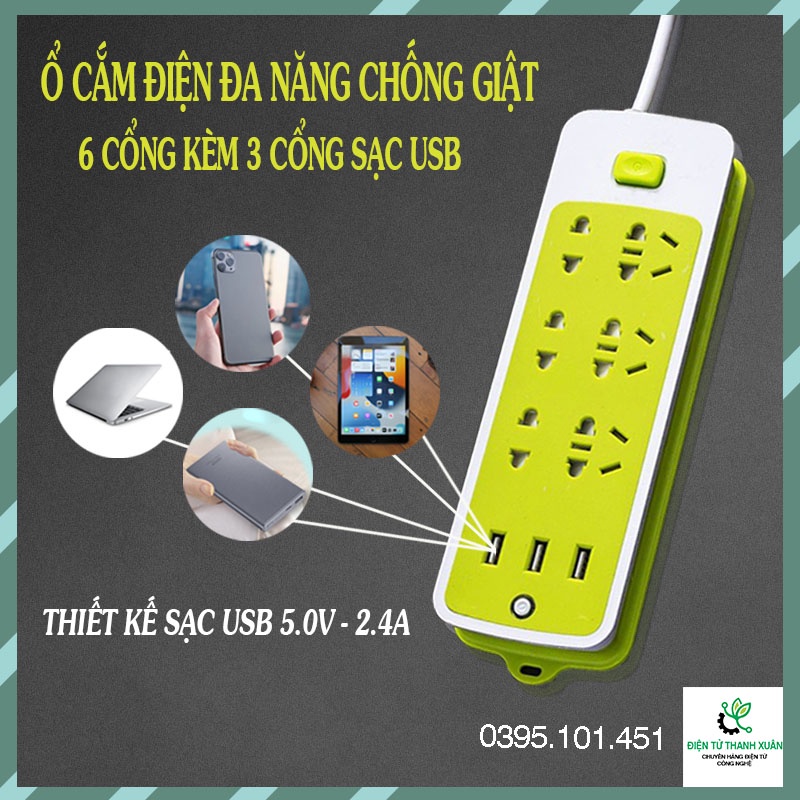 Ổ Cắm Điện Thông Minh Có Chống Giật An Toàn Cho Trẻ Nhỏ 🎗️ SIÊU RẺ 🎗️ Ổ Cắm Điện Đa Năng Có 6 Cổng Cắm 3 Cổng Sạc USB