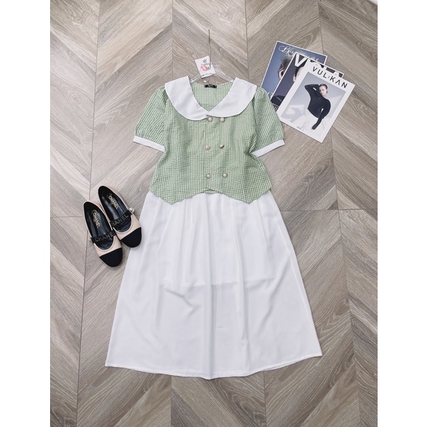 SÉT ÁO VÁY KẺ Ô CỔ SEN ÁO CHẤT ĐŨI NHĂN KẺ Ô XANH NGỌC HÀNG L1