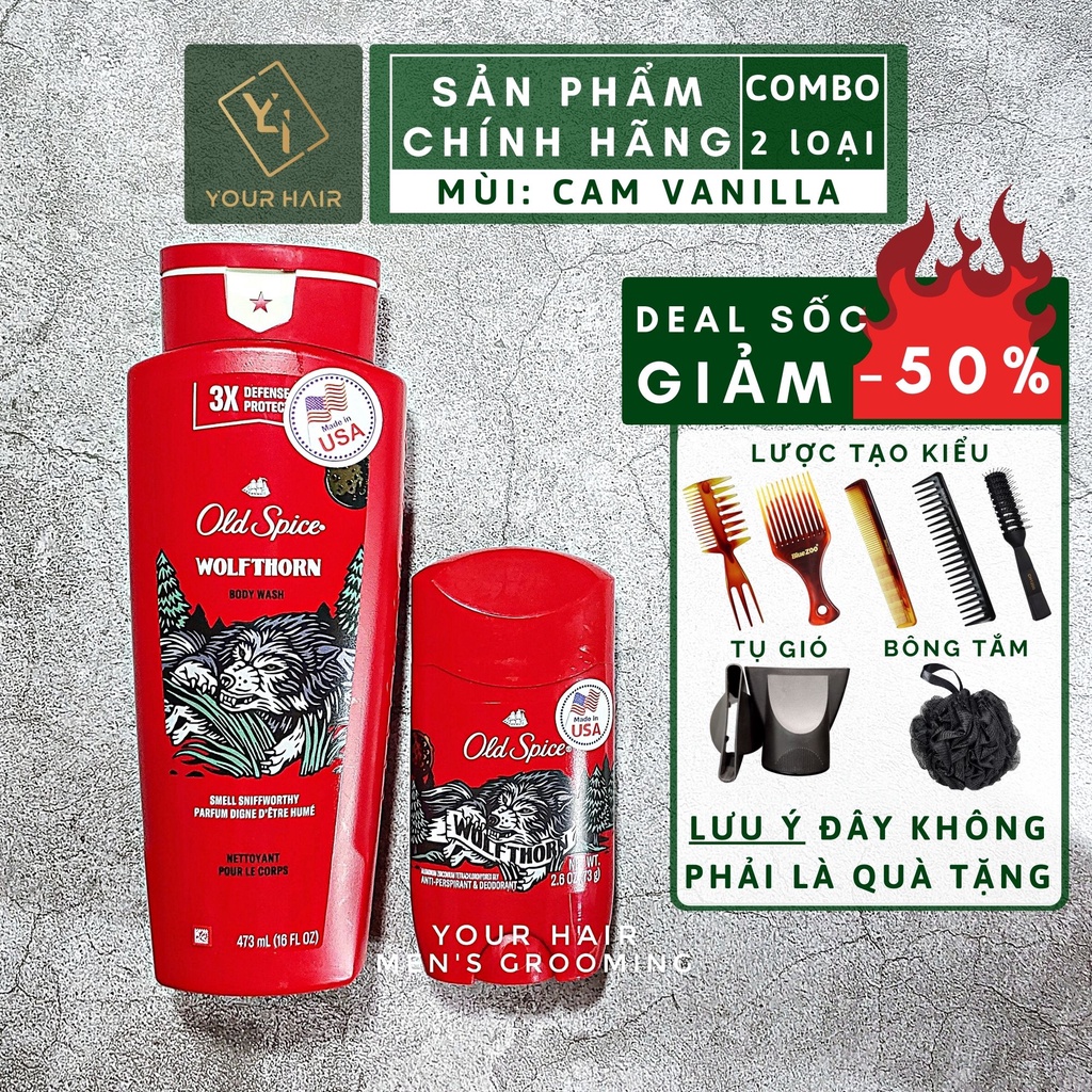 COMBO WOLFTHORN Cam Vani | Sữa tắm & Lăn Khử Mùi Old Spice WOLFTHORN | Chính hãng USA