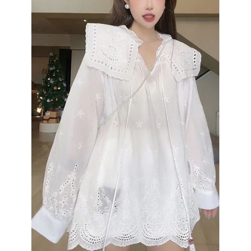 Đầm Sơ Mi Babydoll Dáng Ngắn Cổ Lá Sen Đáng Yêu Kèm ẢNH THẬT