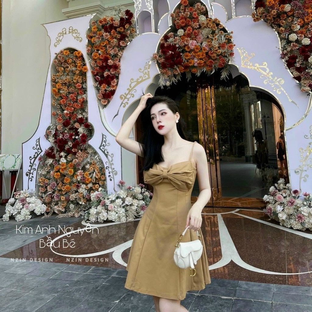 Đầm váy nữ 2 dây dáng xòe dự tiệc trước ngực phối nơ Tapta ( có mút ngực )  tôn dáng trẻ trung sang trọng thanh lịch