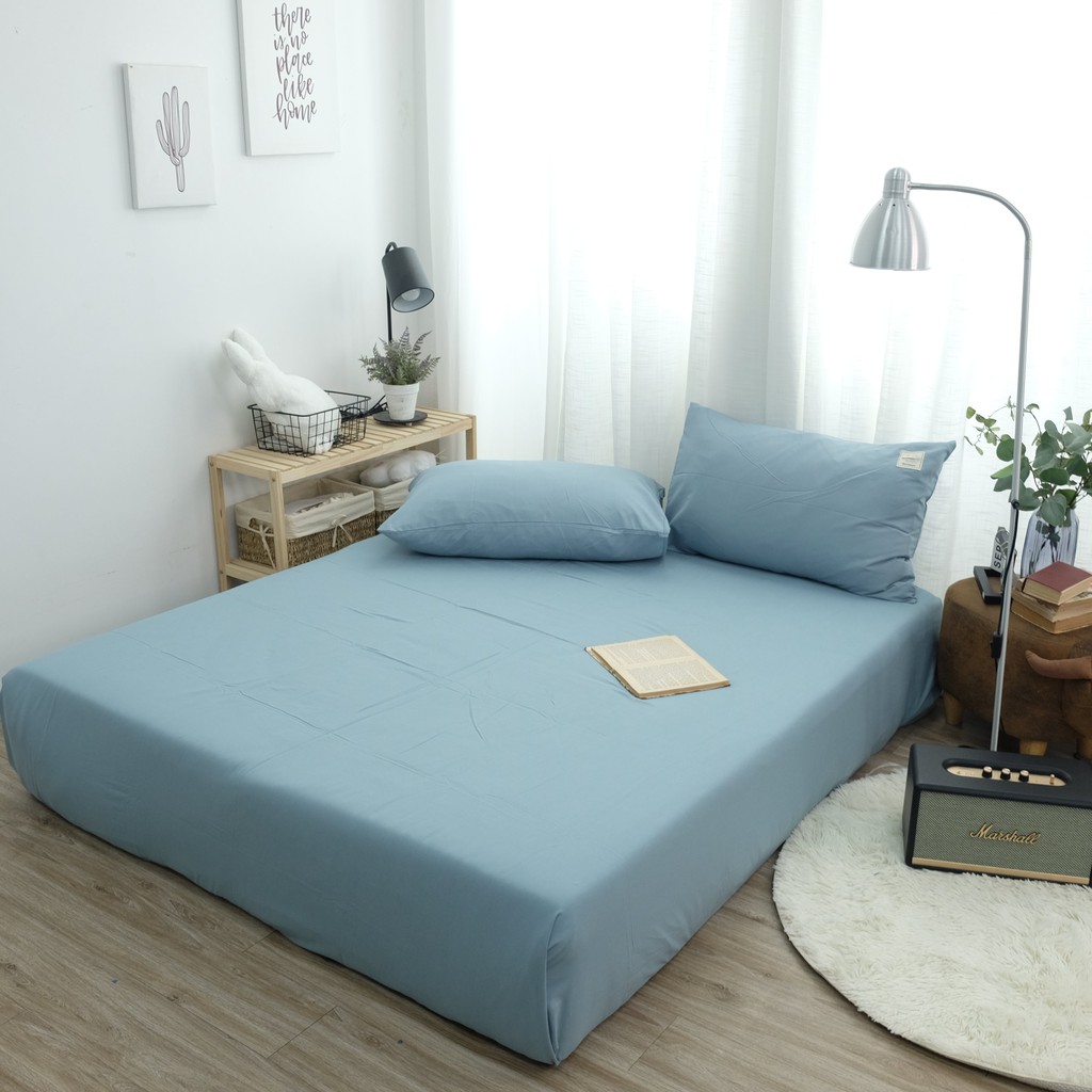 Drap giường và hai vỏ gối cotton Mịn Decor một màu nhã nhặn