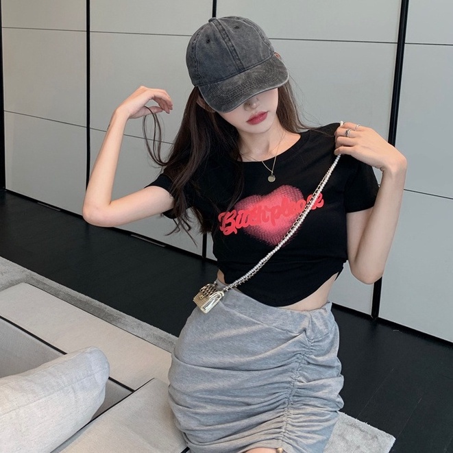 WANG JIAO ZHAN Áo croptop thun tay ngắn có in chữ thời trang cho nữ