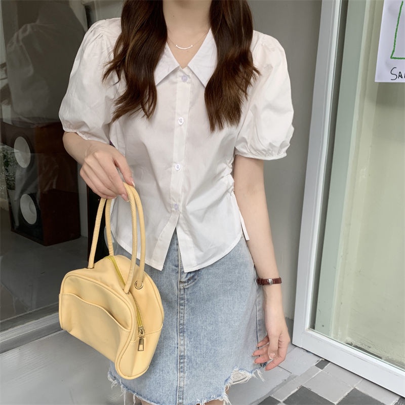 Áo Sơ Mi Tay Ngắn Dáng Ôm Phối Dây Buộc Thời Trang Mùa Hè Phong Cách Pháp Mới Cho Nữ