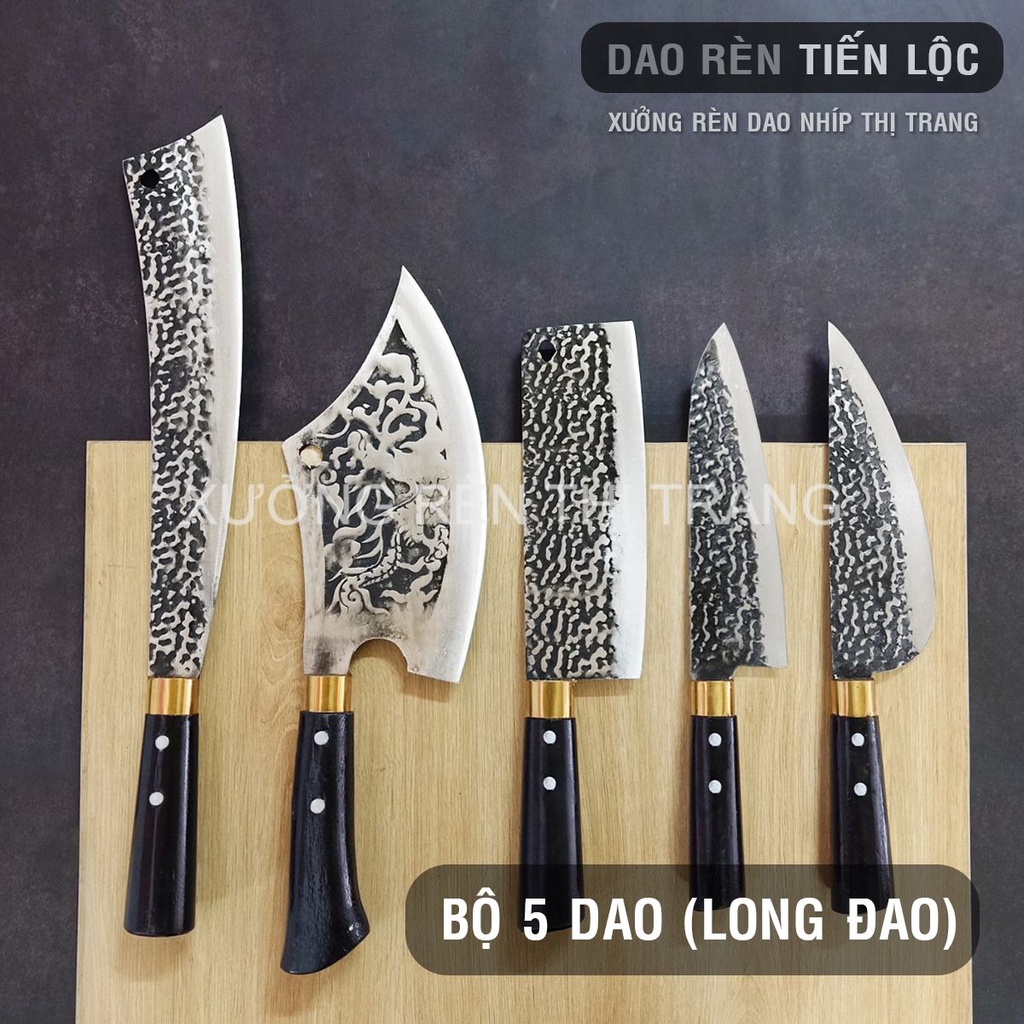 Bộ Dao Nhà Bếp Đa Năng - Rèn Từ Thép Nhíp Dập Vân 2 Mặt, Dùng Chặt Cây, Chặt Xương, Thái Lọc Thịt
