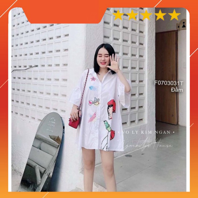 Đầm sơ mi trắng in họa tiết hình cô gái dáng suông rộng tay bèo! hàng bao đẹp