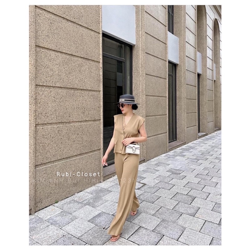 Set Len Mongtoghi Cao Cấp, Set Áo Len Sát Nách Phối Quần Ống Suông Quảng Châu