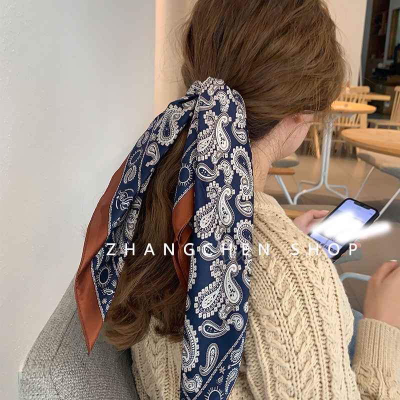 Khăn Choàng Kiêm Dây Cột Tóc Vải Lụa Dáng Vuông Nhỏ In Hoa Kiểu Retro Pháp Dễ Thương Cho Nữ