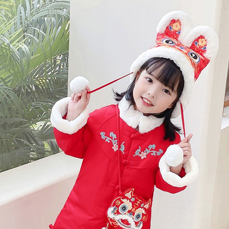 Mũ Giữ Ấm Mùa Đông Thêu Họa Tiết Hoạt Hình Phong Cách Trung Hoa Cho Bé