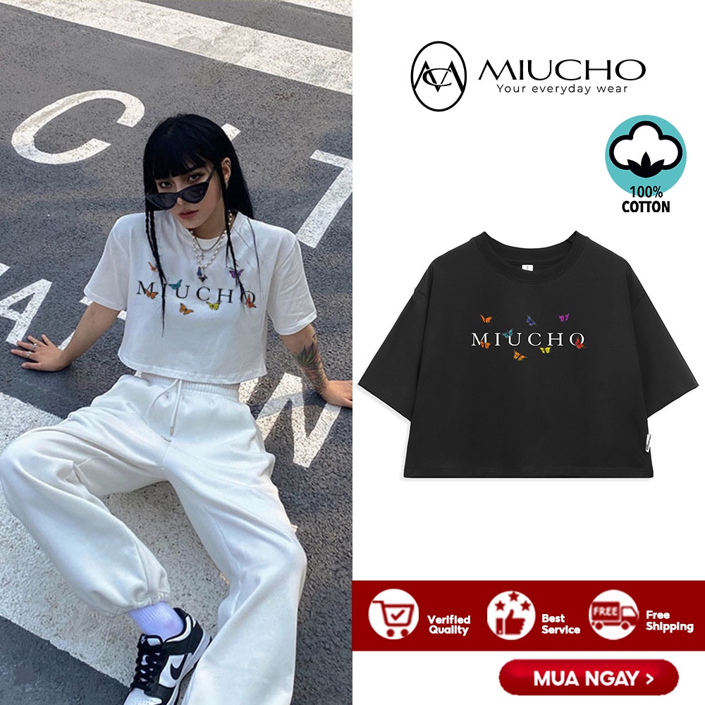 Áo croptop nữ tay ngắn cổ tròn vải thun cotton kiểu hàn quốc CR027 Miucho in hình hoạ tiết