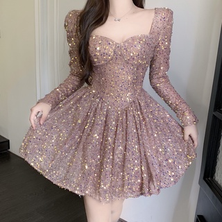 Đầm sequin kết cườm tay dài cổ vuông cúp ngực xinh đẹp, gợi cảm