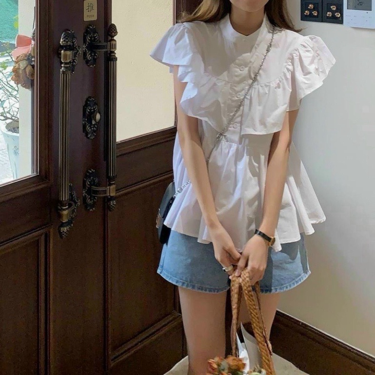 Áo sơmi ngắn tay cổ trụ tay bồng thuận lợi tươi tắn A108 Nội Y Xanh hàng đẹp trendy - nội y xanh