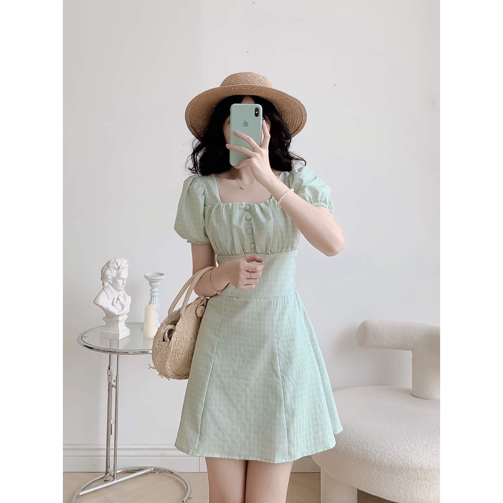 VÁY KẺ 3 MÀU CỔ VUÔNG TAY BỒNG 2 LỚP