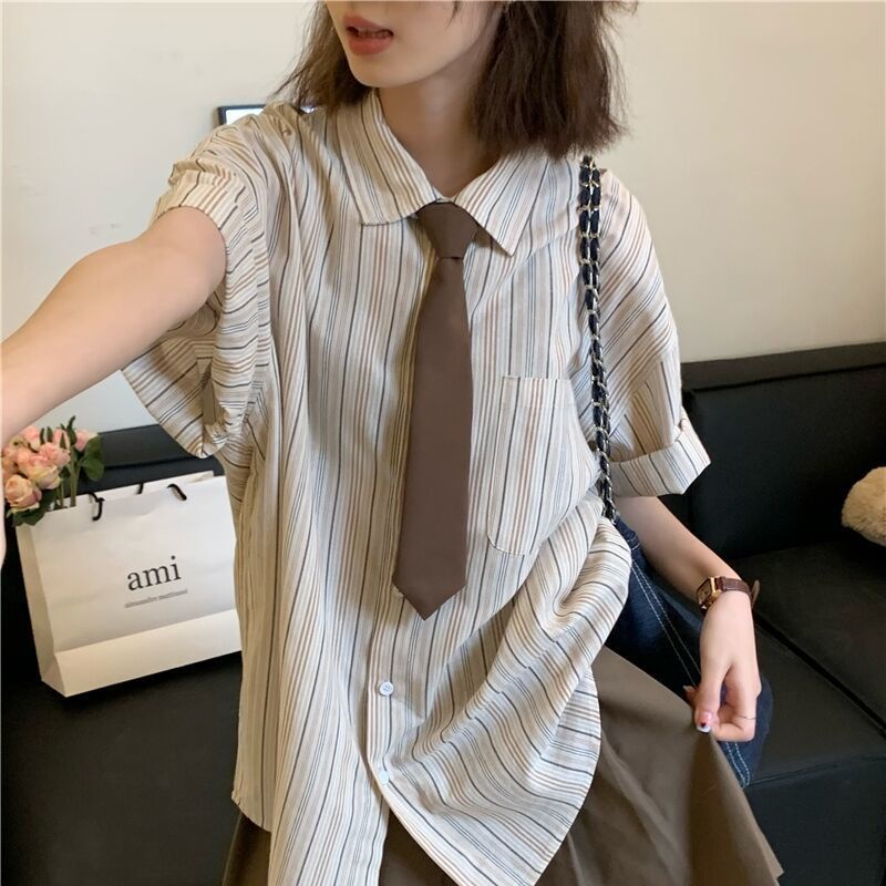 Bộ Áo Sơ Mi POLO Ngắn Tay Kẻ Sọc + Chân Váy Xếp Ly Đáng Yêu Cho Nữ