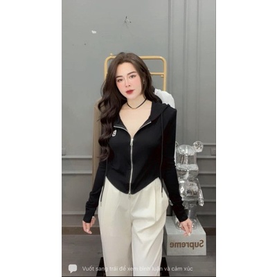 Áo nỉ tăm mũ khoá thêu chữ