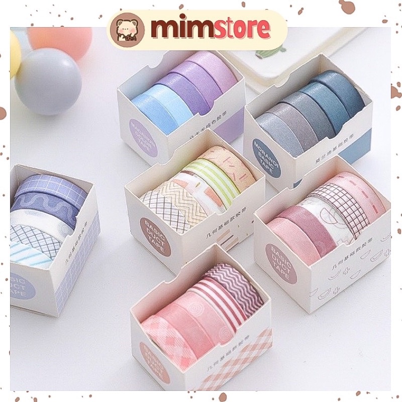Set 5 cuộn băng dính washi nhiều màu sắc trang trí sổ nhật ký - Mim Store