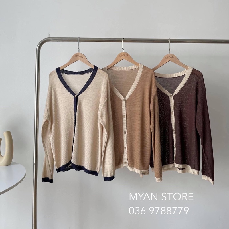 Áo cardigan len cổ V viền màu A082111