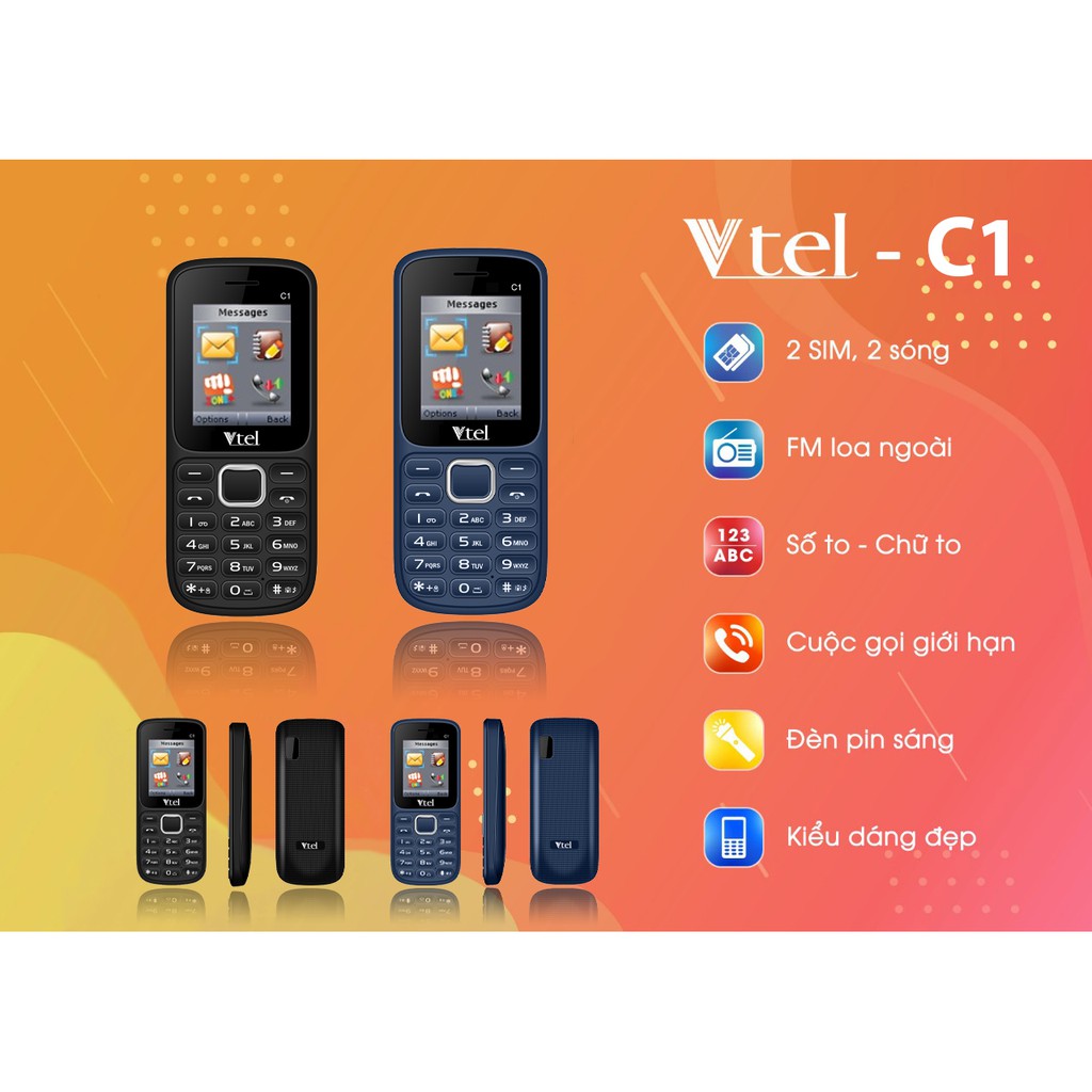 Điện Thoại GSM Vtel C1 (2 Sim) - Số To, Chữ To, Pin Bền, FM loa ngoài, Thiết Kế Đẹp - Hàng Chính Hãng, Bảo Hành 12 Tháng