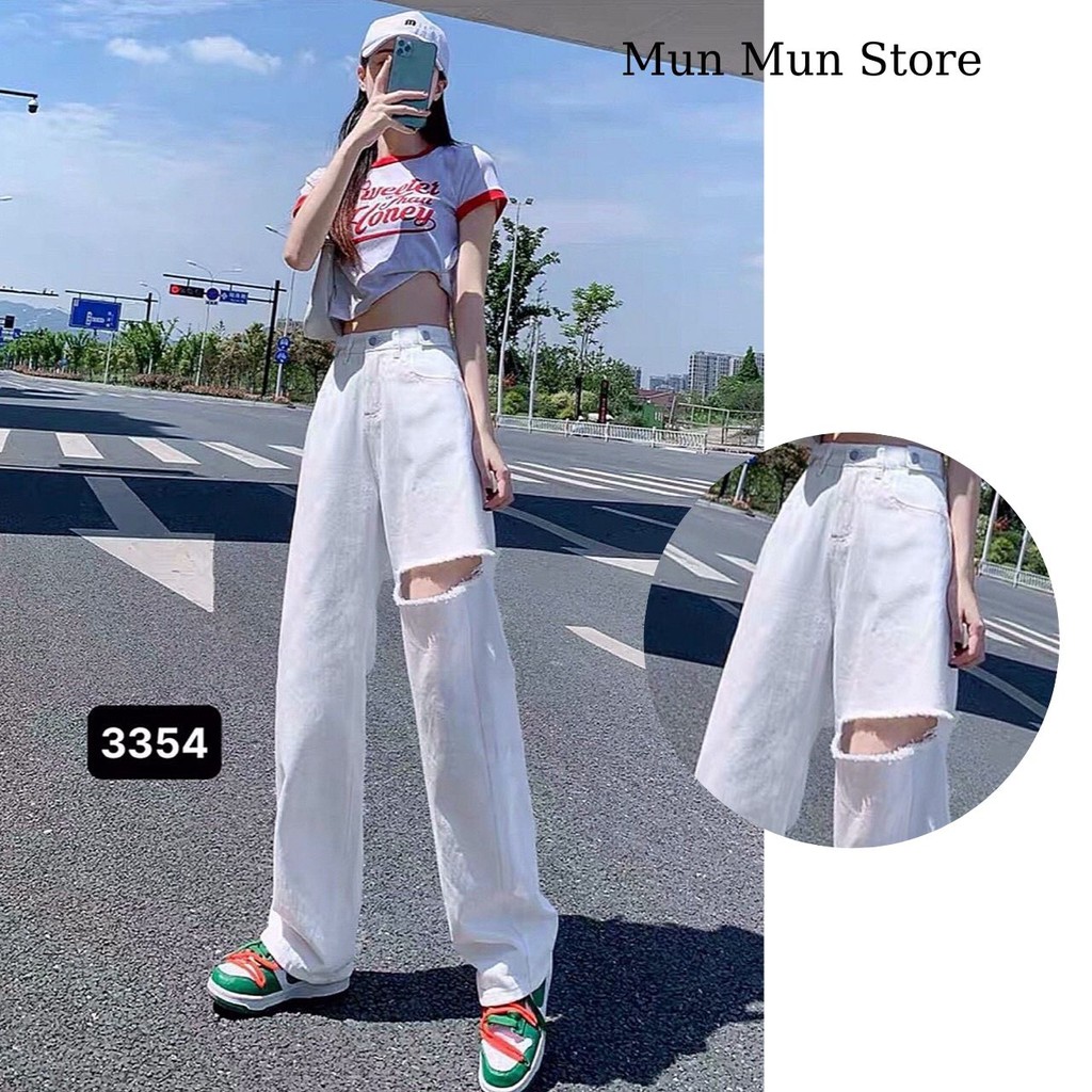 Quần suông nữ trắng rách gối MunMunStore quần bò lưng cao phong cách ulzzang 9007