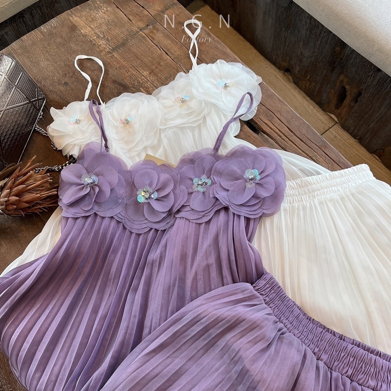 Sét hai dây xếp li đính hoa đá