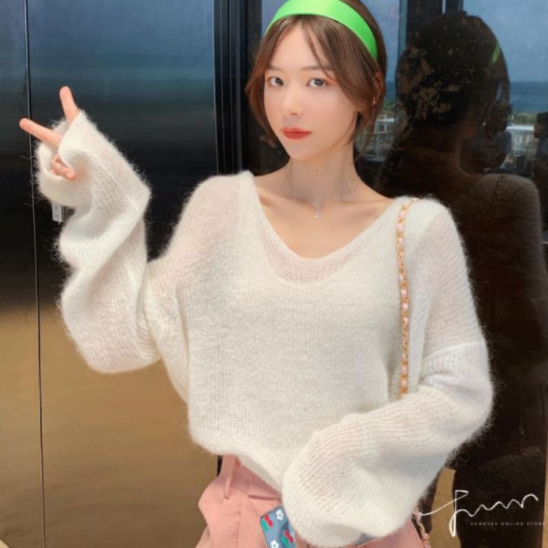 Áo Sweater Dệt Kim Tay Dài Thiết Kế Cổ Chữ V Thanh Lịch