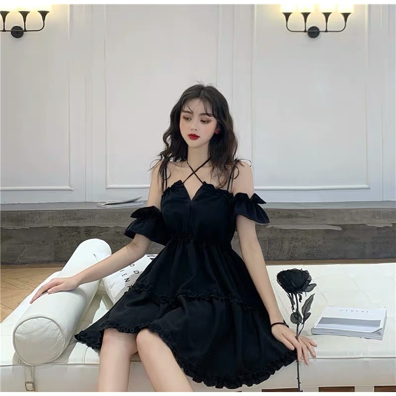 (CLIP THẬT) Đầm babydoll trễ vai dự tiệc đen tay bồng thắt dây nơ cổ | BigBuy360 - bigbuy360.vn