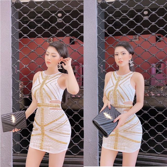 Đầm body khoét eo kết hột cườm y hình 100%